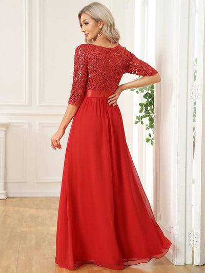 Sequin Round Neckline Dress with Chiffon #color_Red