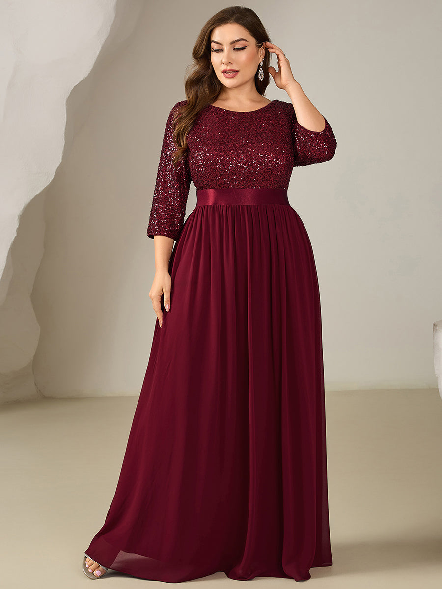 Plus Size  Sequin 3/4 Sleeves Evening Dress #color_Burgundy