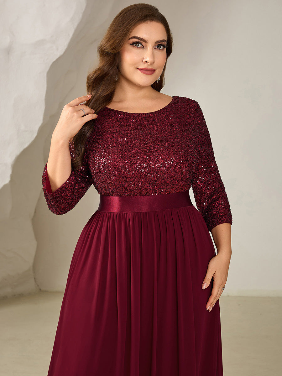 Plus Size  Sequin 3/4 Sleeves Evening Dress #color_Burgundy