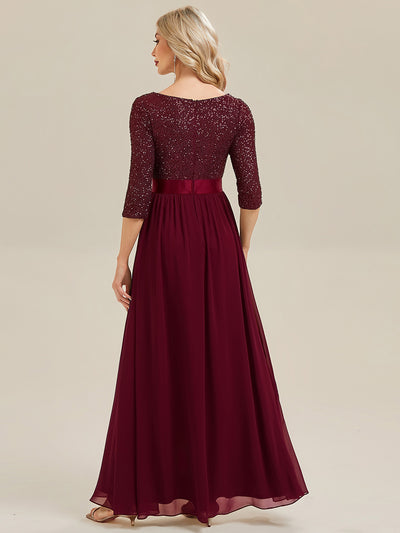 Glitter A-Line Maxi Evening Dress with Chiffon #color_Burgundy
