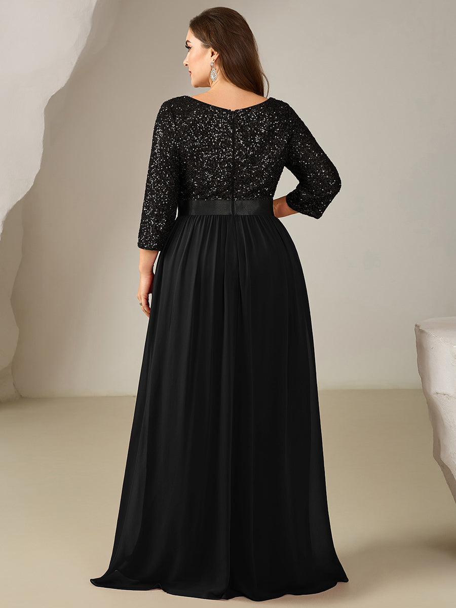 Plus Size  Sequin 3/4 Sleeves Evening Dress #color_Black