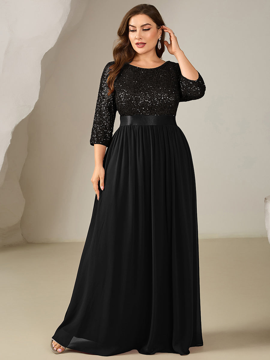 Glitter A-Line Maxi Evening Dress with Chiffon #color_Black