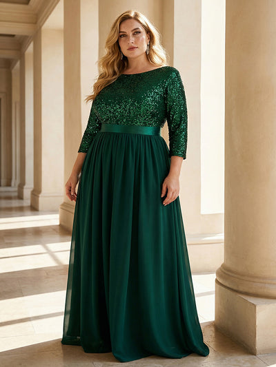 Plus Size  Sequin 3/4 Sleeves Evening Dress #color_Dark Green