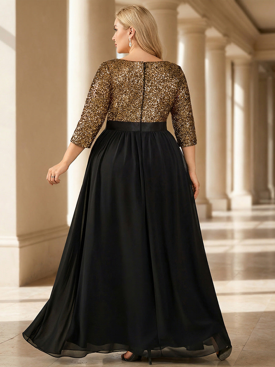 Plus Size  Sequin 3/4 Sleeves Evening Dress #color_Black & Gold
