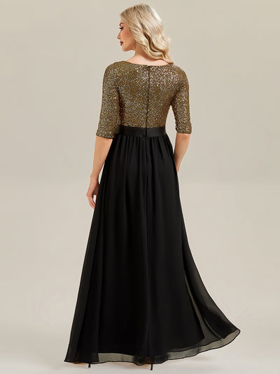 Glitter A-Line Maxi Evening Dress with Chiffon #color_Black & Gold