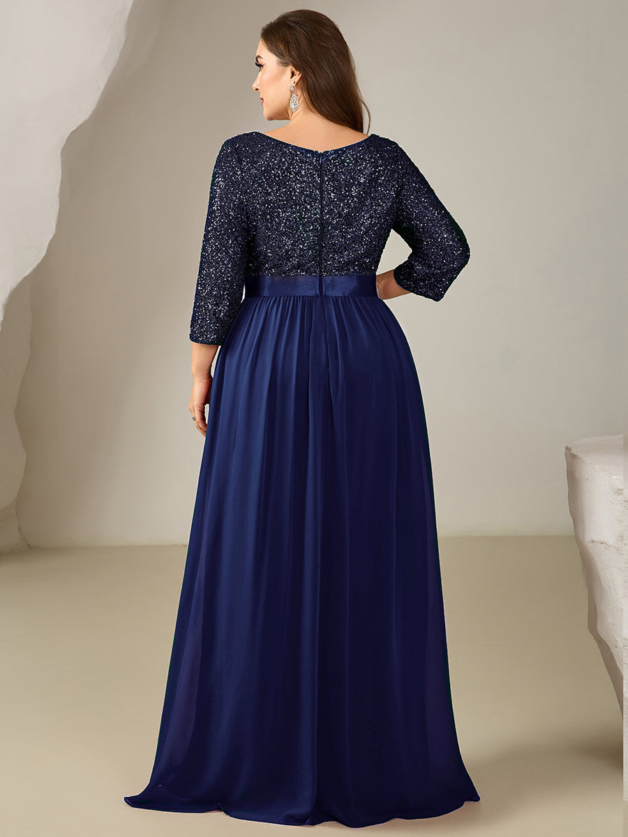 Glitter A-Line Maxi Evening Dress with Chiffon #color_Navy Blue