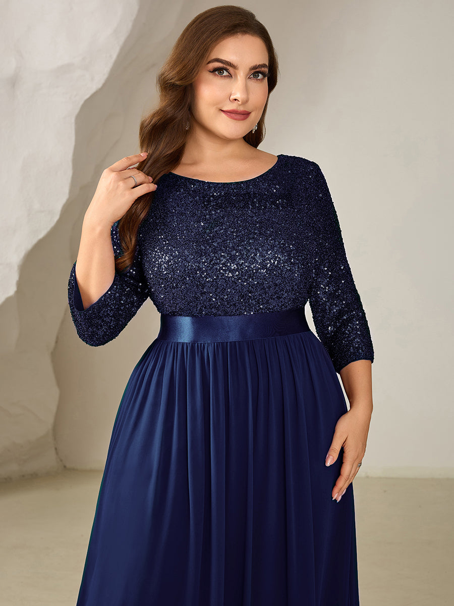 Glitter A-Line Maxi Evening Dress with Chiffon #color_Navy Blue