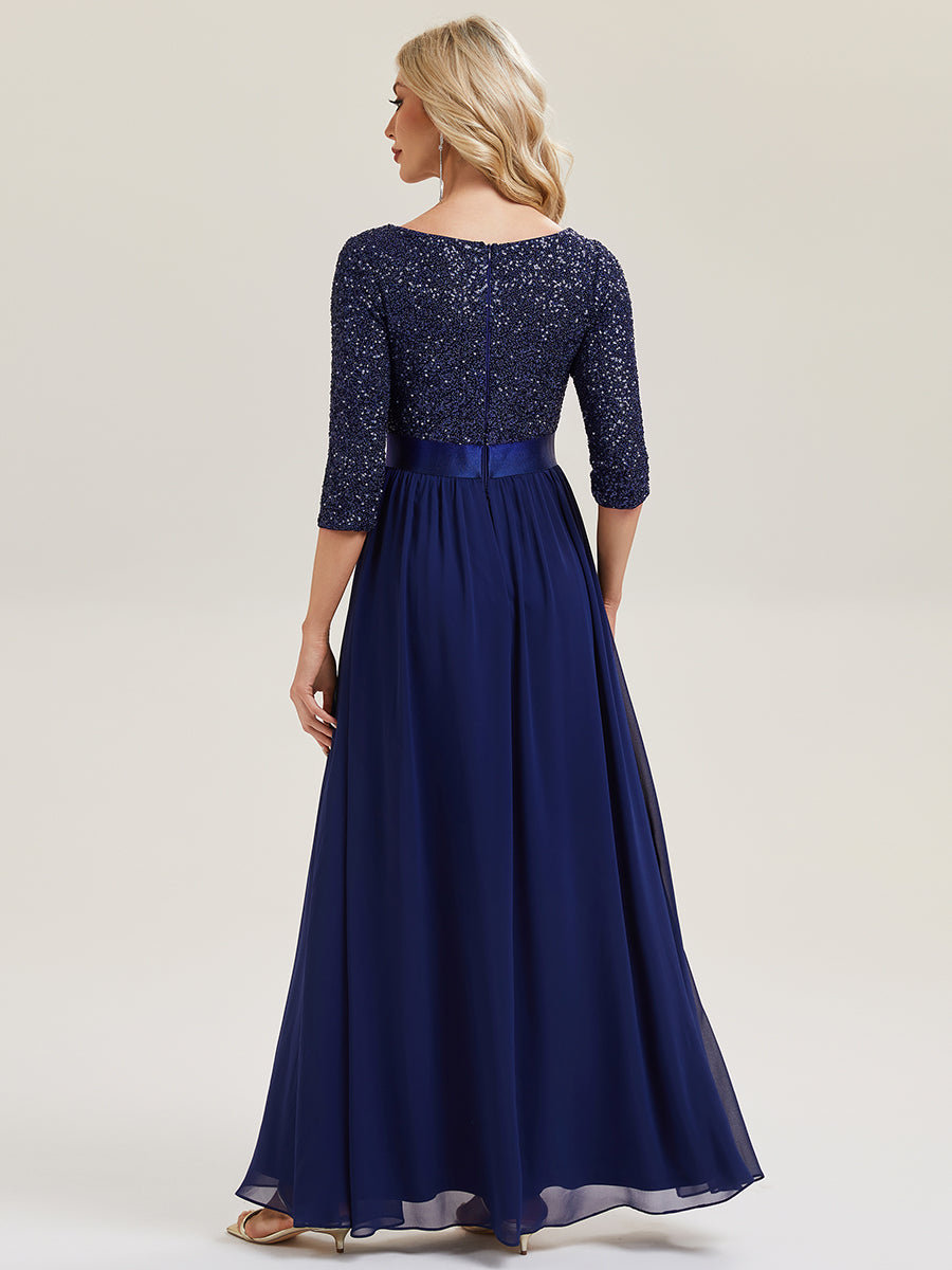 Glitter A-Line Maxi Evening Dress with Chiffon #color_Navy Blue