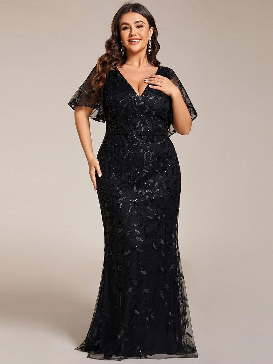 Gorgeous V Neck Leaf-Sequined Fishtail Party Dress #color_Black