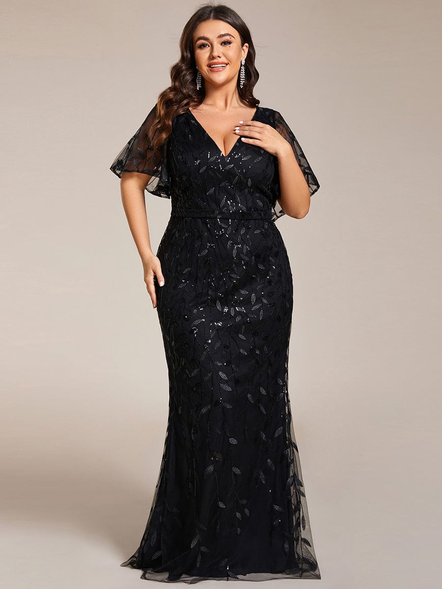 Fashion Plus Size V Neck Mermaid Sequin & Tulle Evening Dress #color_Black