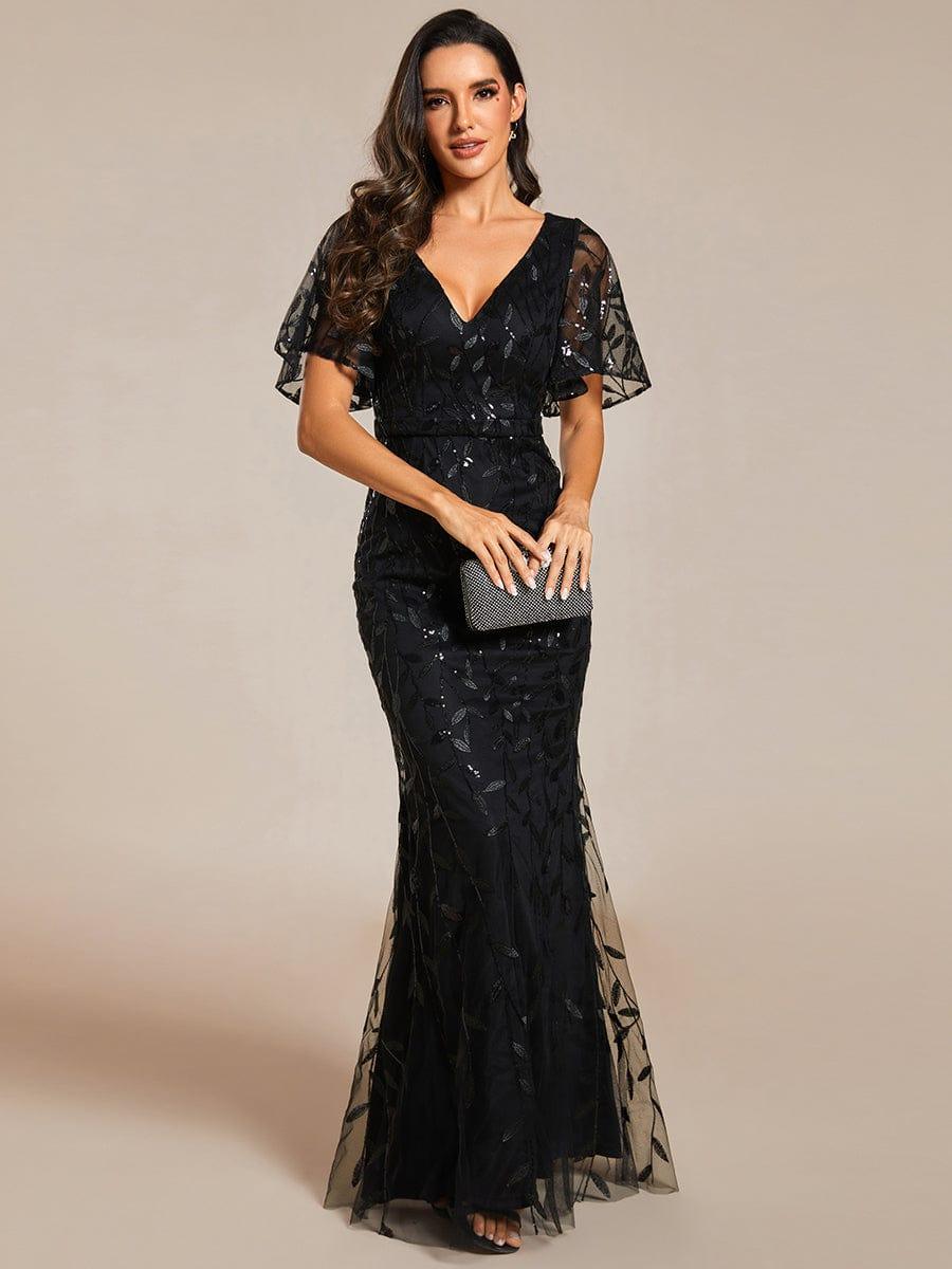 Gorgeous V Neck Leaf-Sequined Fishtail Party Dress #color_Black