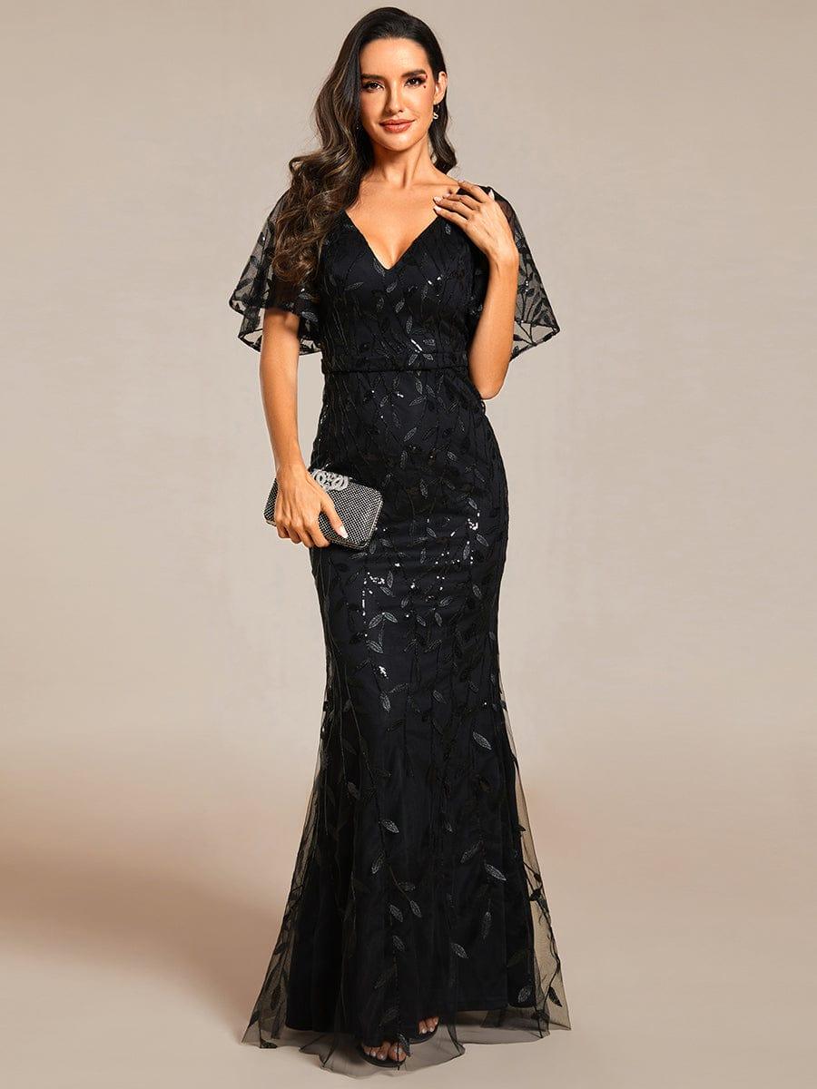 Gorgeous V Neck Leaf-Sequined Fishtail Party Dress #color_Black