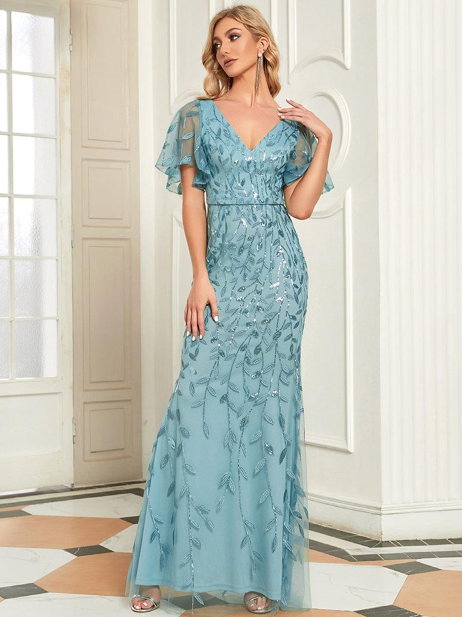 Gorgeous V Neck Leaf-Sequined Fishtail Party Dress #color_Light Teal