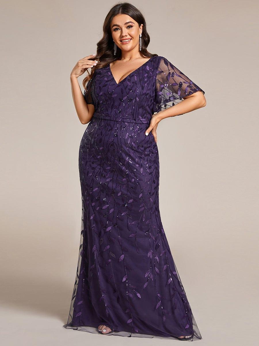 Gorgeous V Neck Leaf-Sequined Fishtail Party Dress #color_Dark Purple