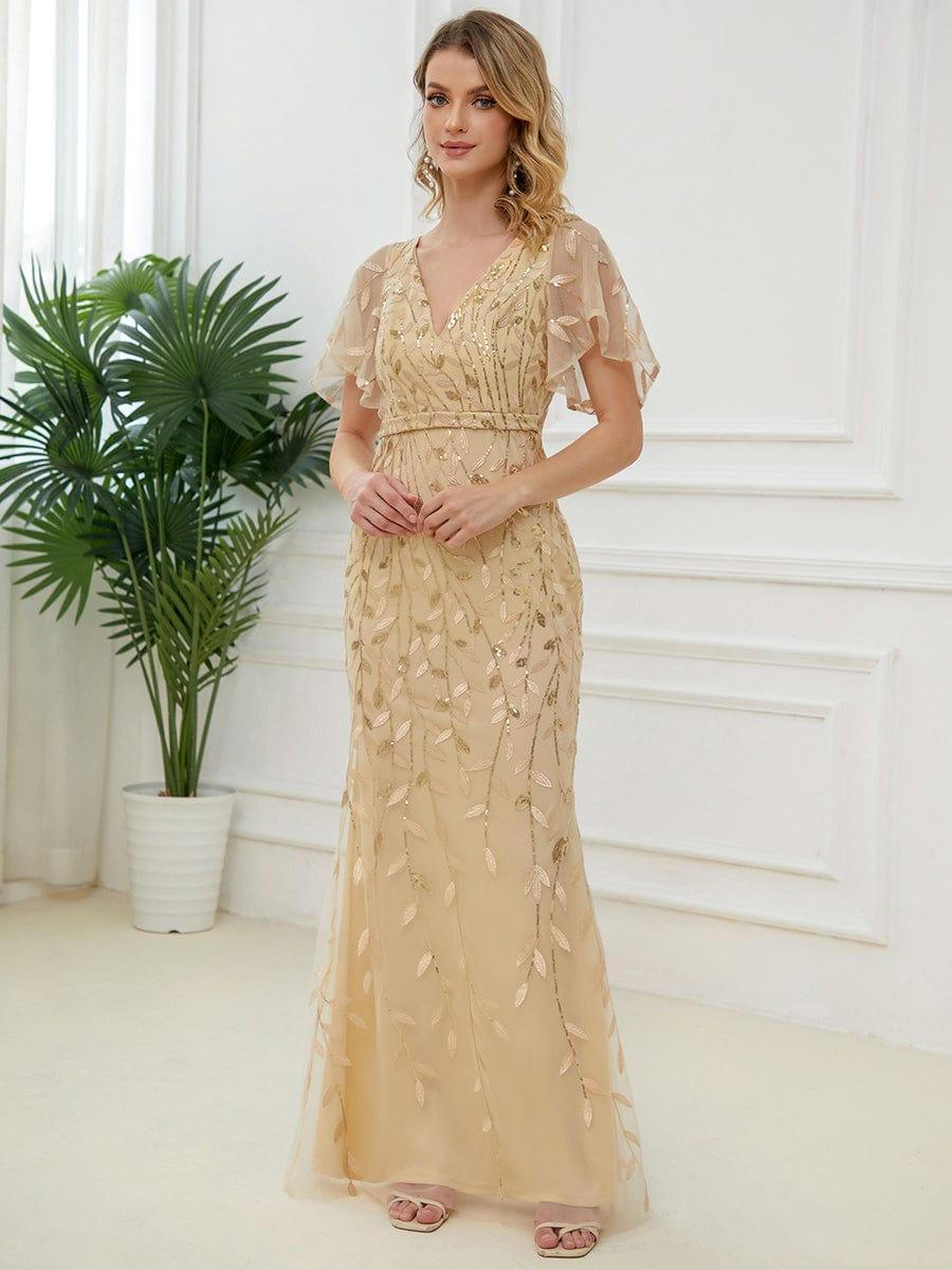 Gorgeous V Neck Leaf-Sequined Fishtail Party Dress #color_Gold