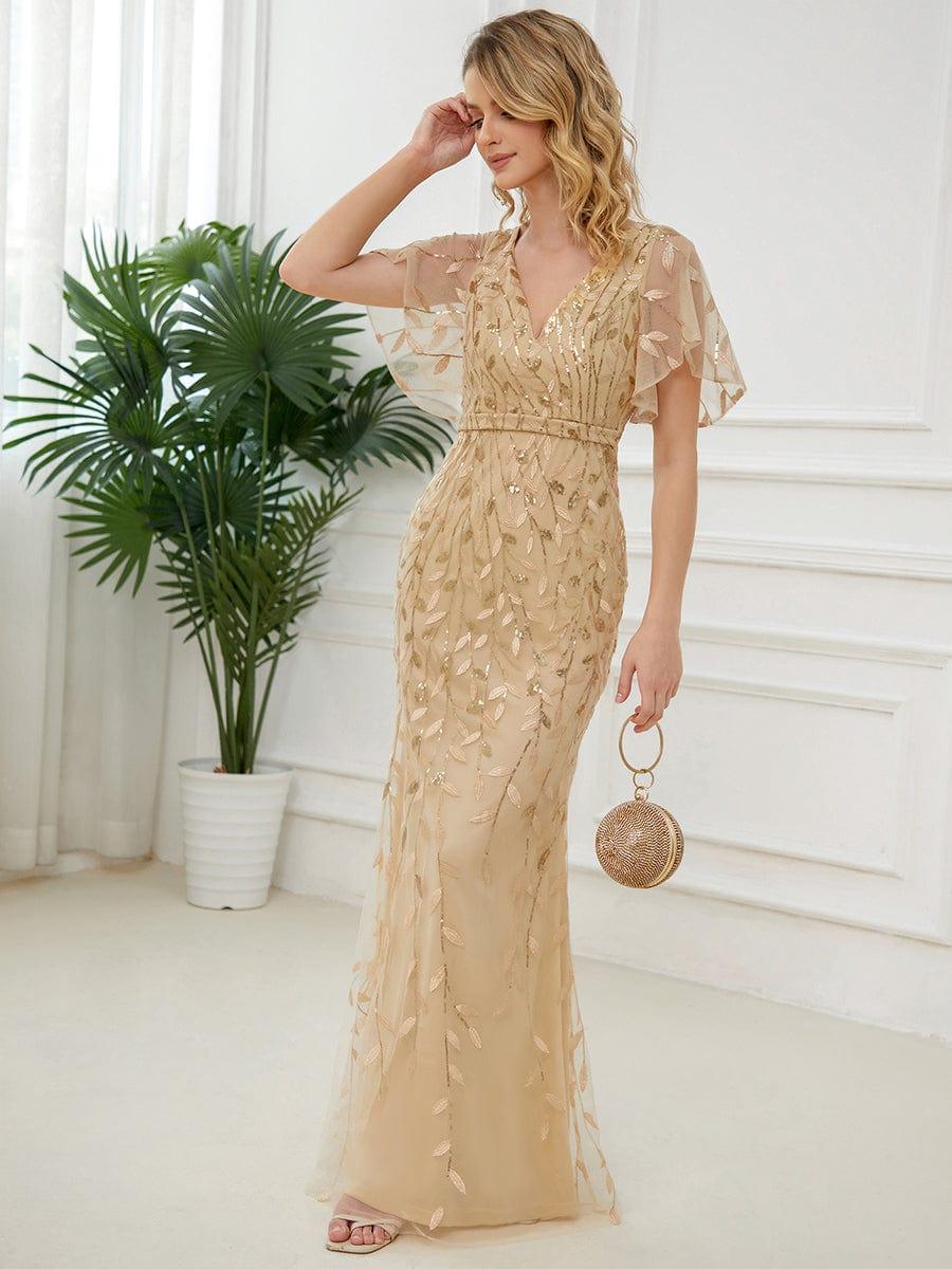 Gorgeous V Neck Leaf-Sequined Fishtail Party Dress #color_Gold