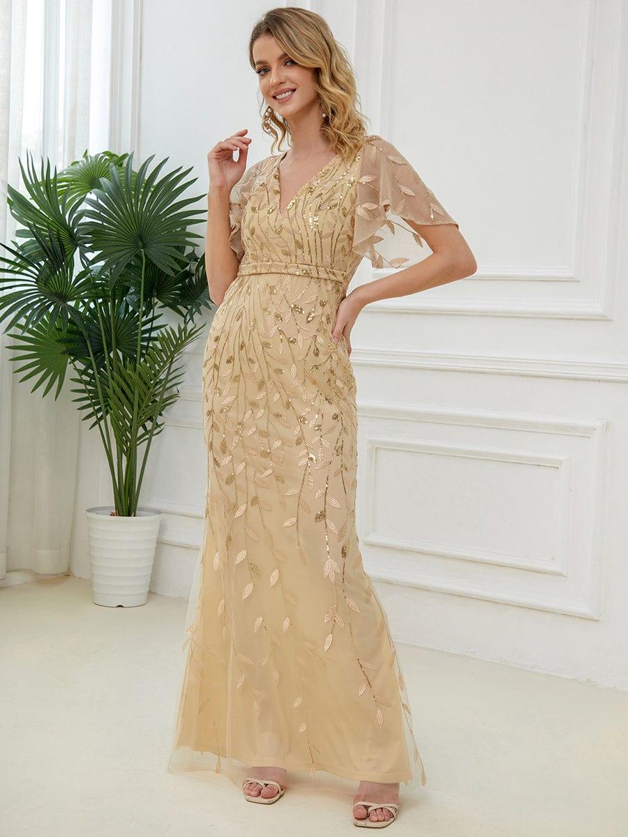 Gorgeous V Neck Leaf-Sequined Fishtail Party Dress #color_Gold