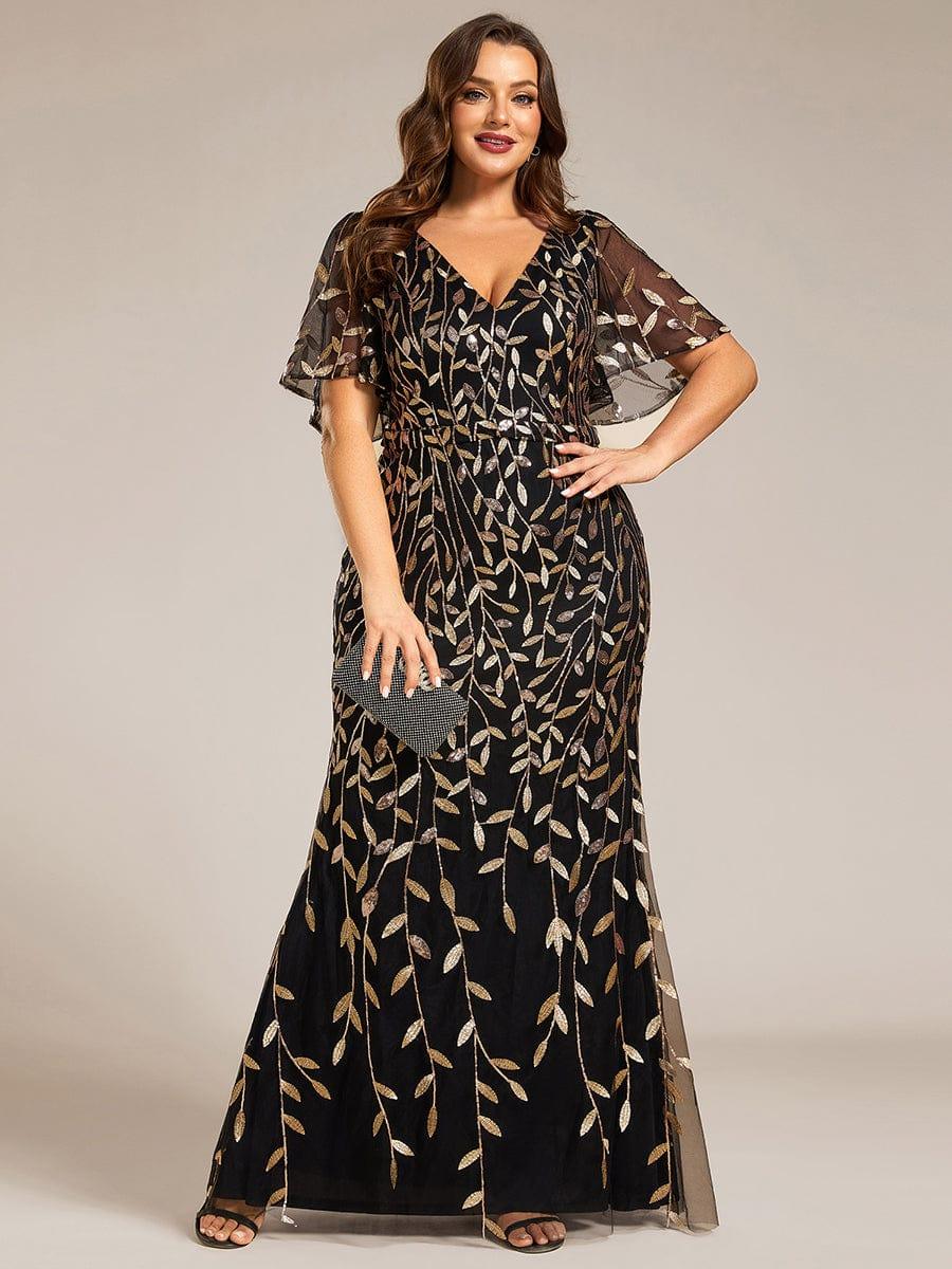 Gorgeous V Neck Leaf-Sequined Fishtail Party Dress #color_Black & Gold