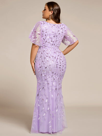Fashion Plus Size V Neck Mermaid Sequin & Tulle Evening Dress #color_Lavender