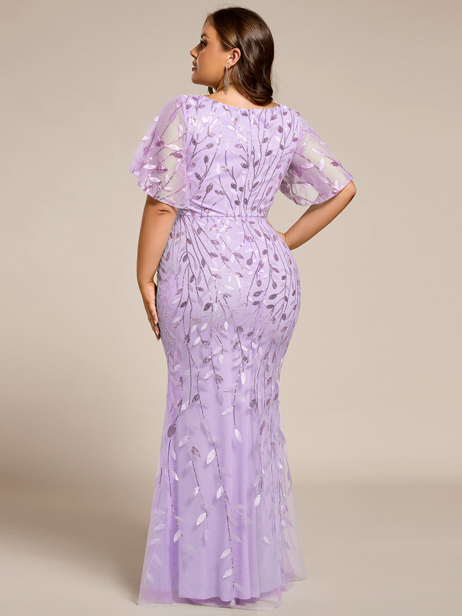 Gorgeous V Neck Leaf-Sequined Fishtail Party Dress #color_Lavender