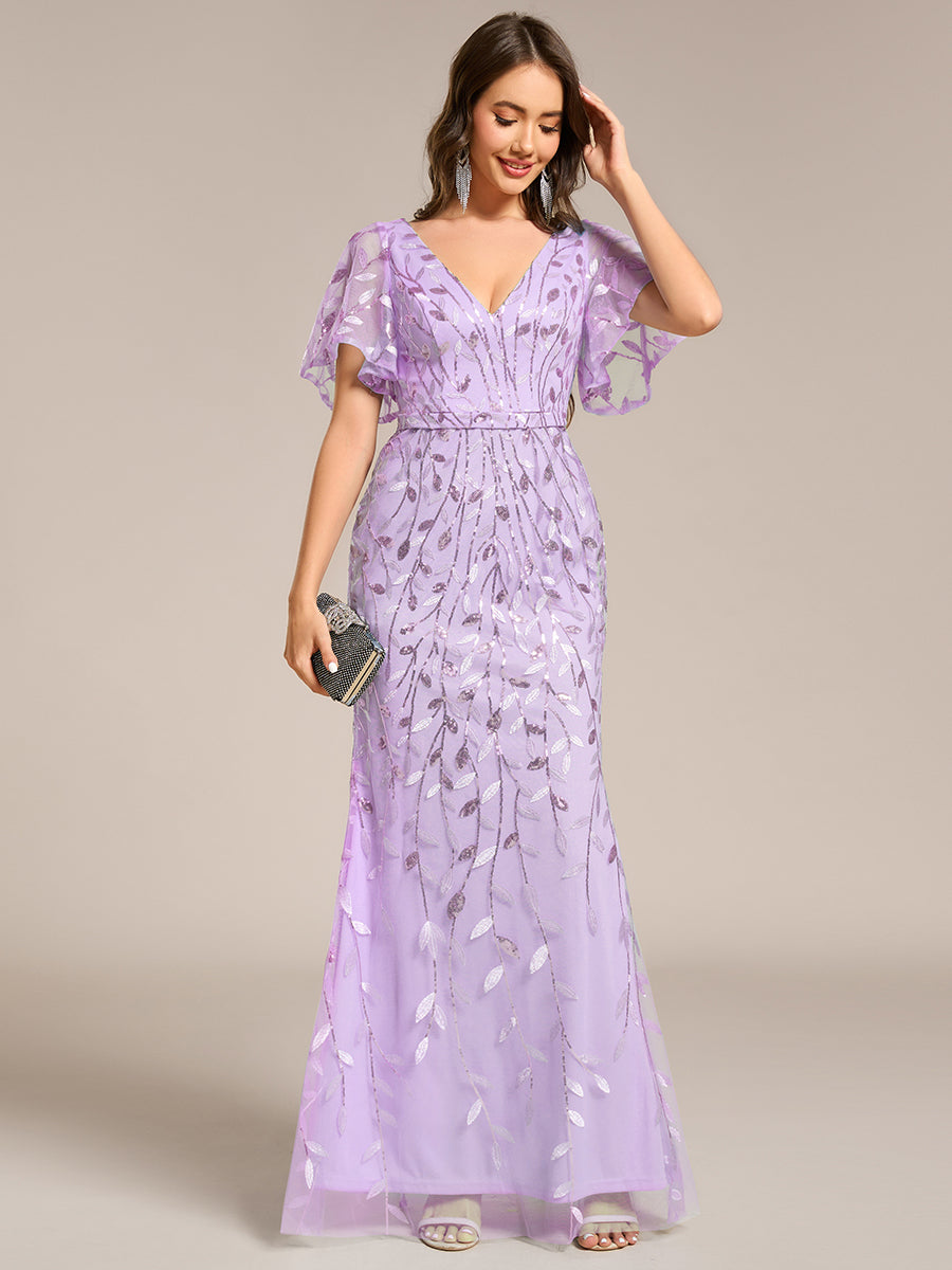 Gorgeous V Neck Leaf-Sequined Fishtail Party Dress #color_Lavender