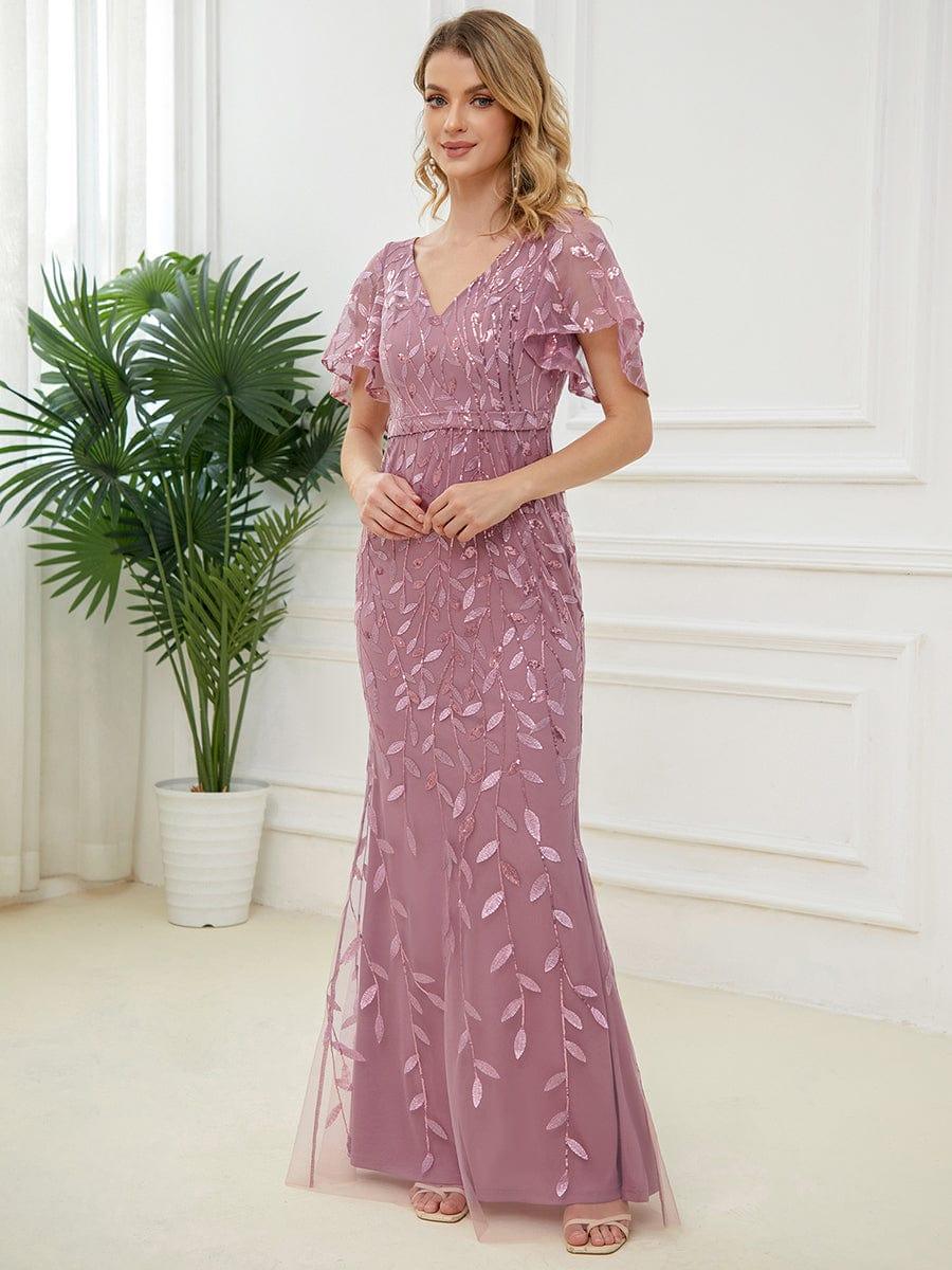 Gorgeous V Neck Leaf-Sequined Fishtail Party Dress #color_Purple Orchid