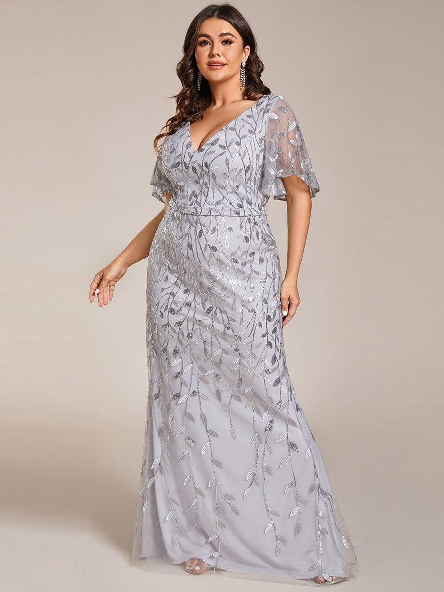 Gorgeous V Neck Leaf-Sequined Fishtail Party Dress #color_Silver
