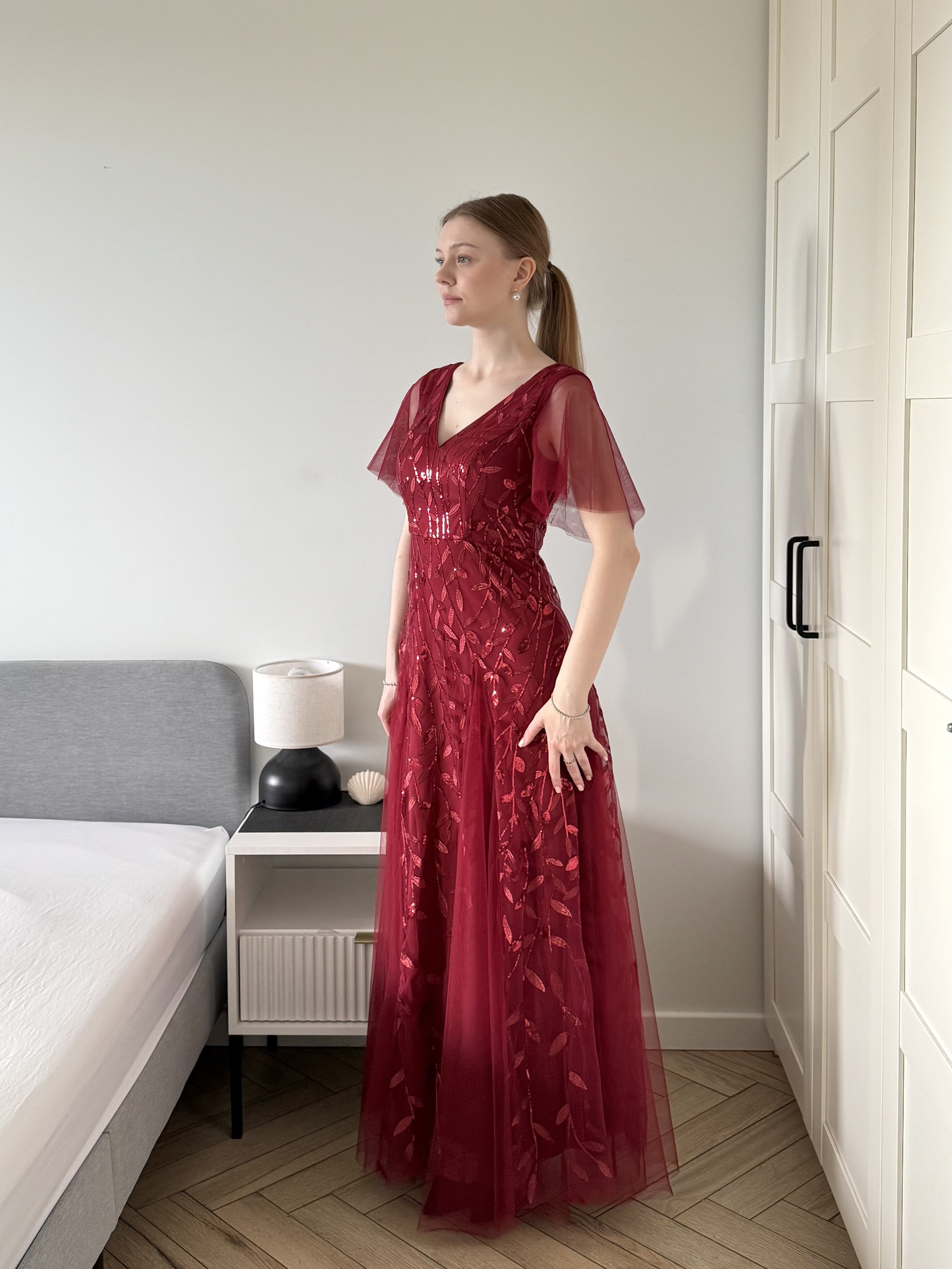 Ruffle Sleeves Leaf Sequin Maxi Bridesmaid Dress #color_Burgundy