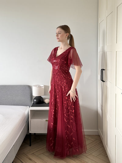 Ruffle Sleeves Leaf Sequin Maxi Bridesmaid Dress #color_Burgundy