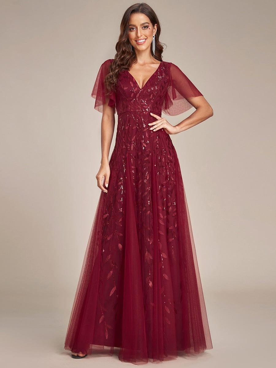 Elegant Ruffle Sleeves Maxi Sequin Mother of the Bride Dress #color_Burgundy