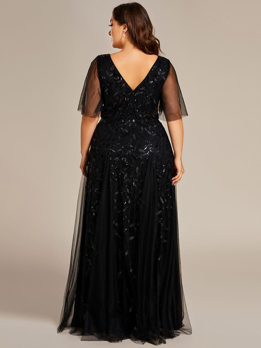 Custom Size V Neck Ruffle Sleeves Sequin Maxi Evening Dress #color_Black