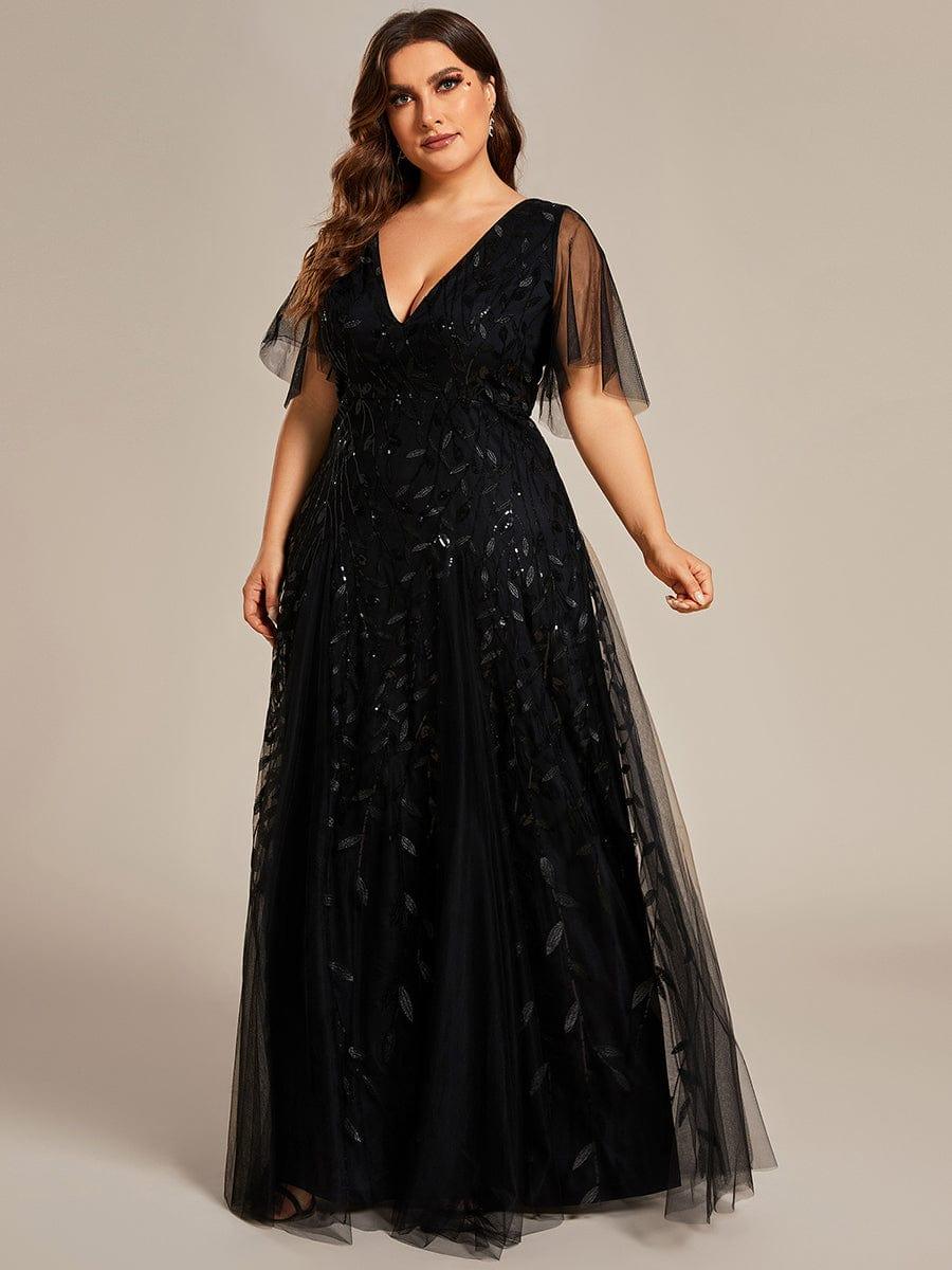 Elegant Ruffle Sleeves Maxi Sequin Mother of the Bride Dress #color_Black