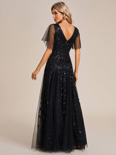 Elegant Ruffle Sleeves Maxi Sequin Mother of the Bride Dress #color_Black