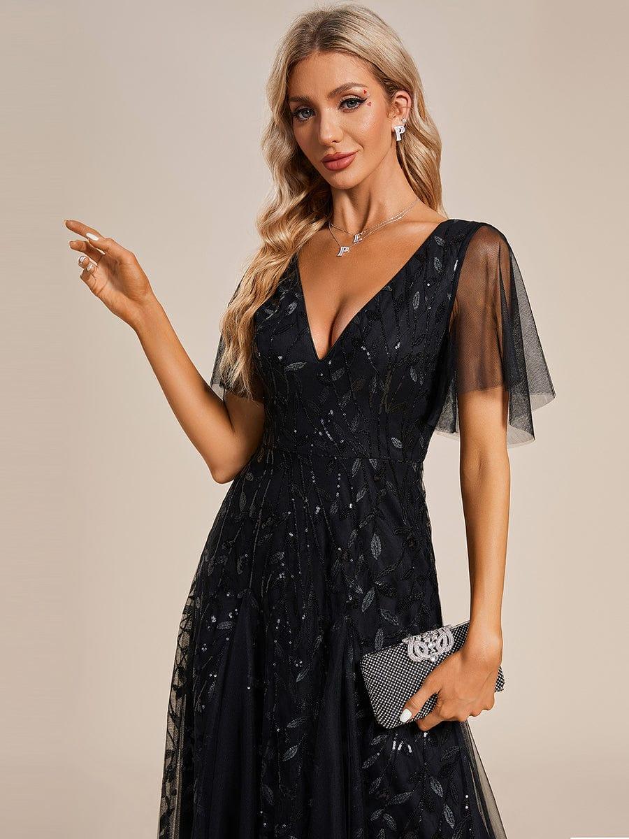 Elegant Ruffle Sleeves Maxi Sequin Mother of the Bride Dress #color_Black