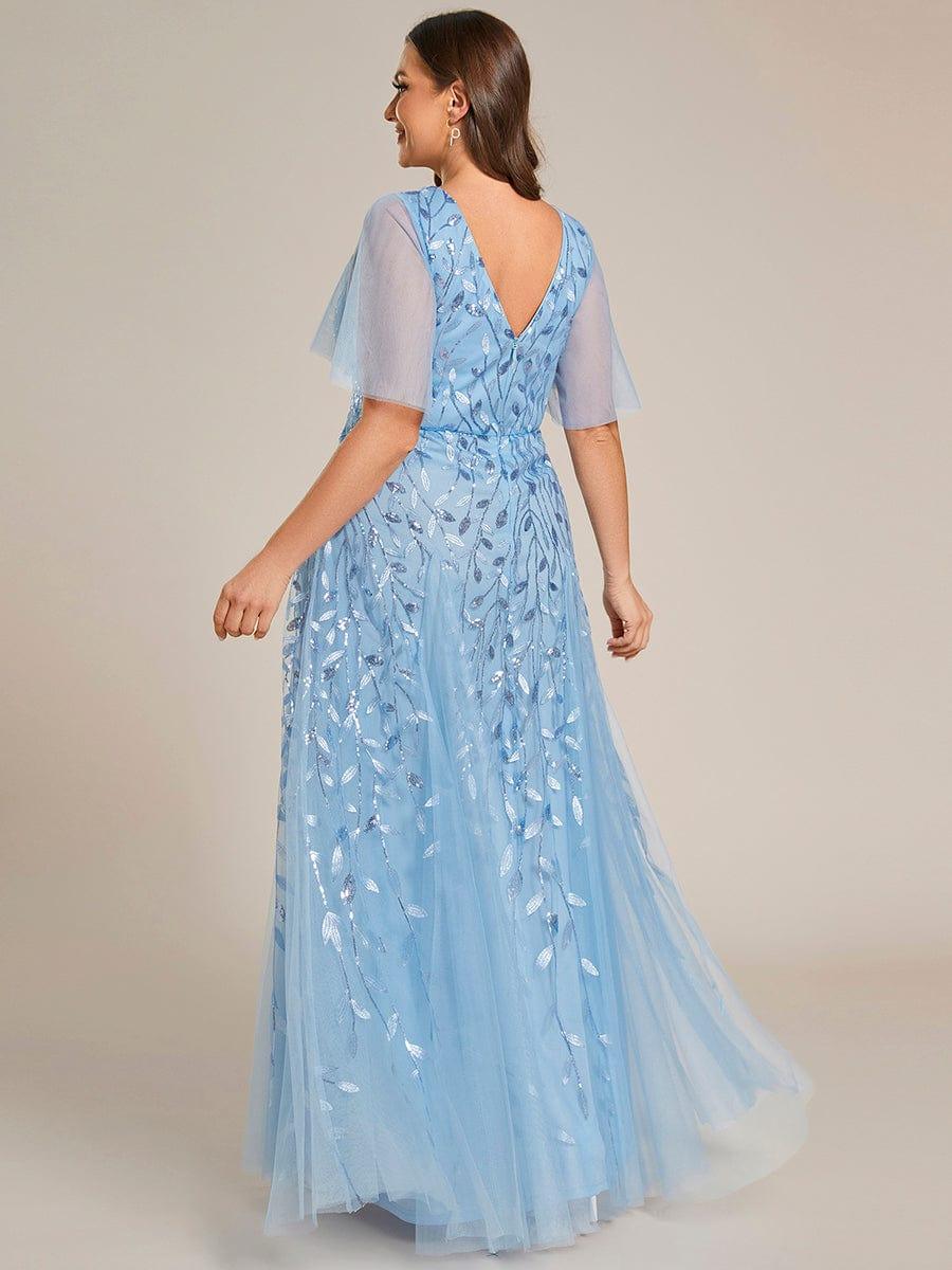 Elegant Ruffle Sleeves Maxi Sequin Mother of the Bride Dress #color_Sky Blue