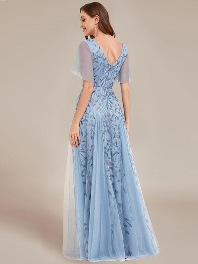 Elegant Ruffle Sleeves Maxi Sequin Mother of the Bride Dress #color_Sky Blue