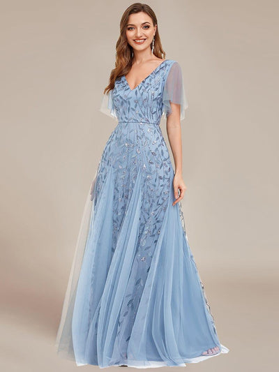 Elegant Ruffle Sleeves Maxi Sequin Mother of the Bride Dress #color_Sky Blue