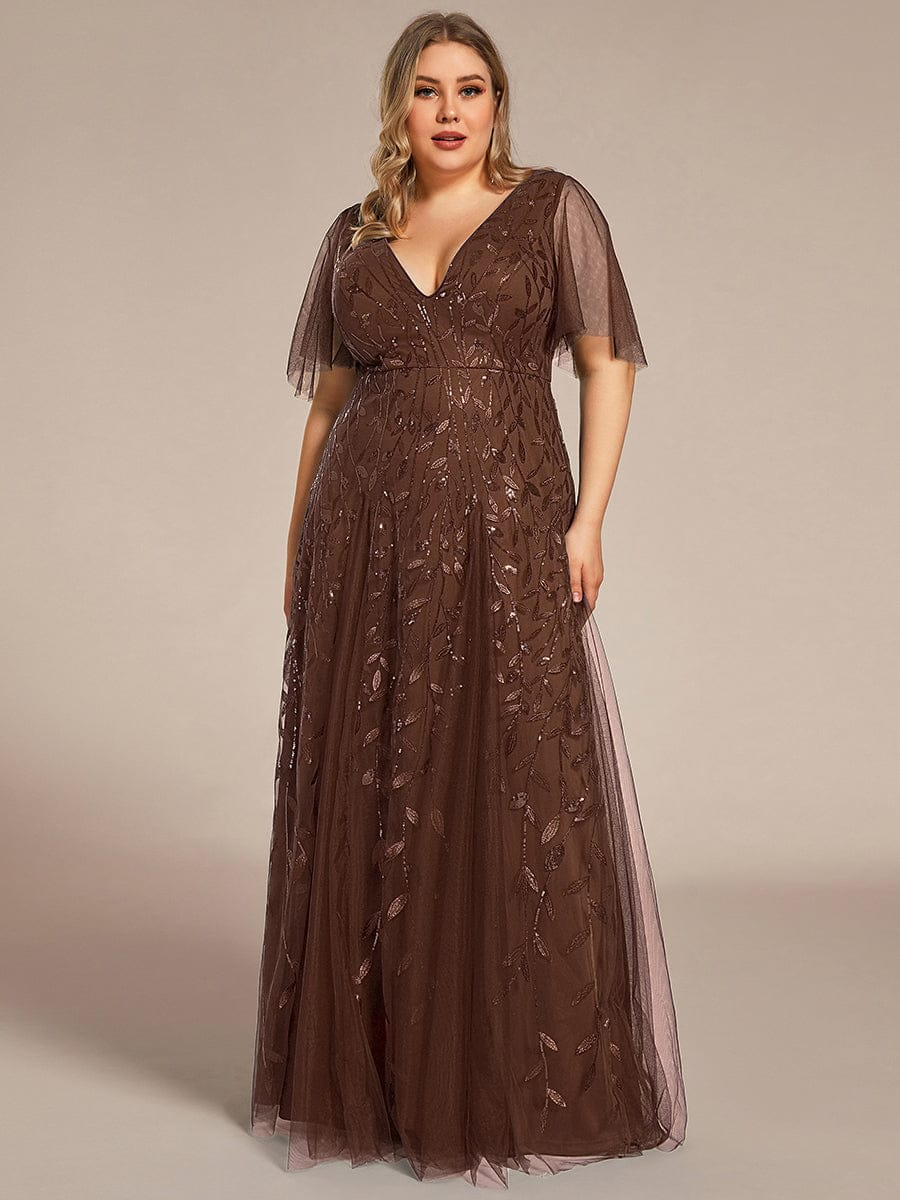 Elegant Ruffle Sleeves Maxi Sequin Mother of the Bride Dress #color_Brown