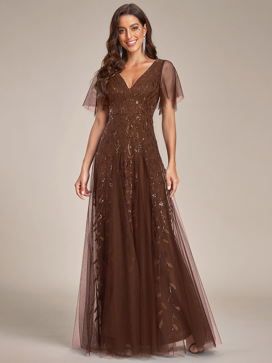 Shimmery V Neck Ruffle Sleeves Sequin Maxi Long Evening Dress #color_Brown