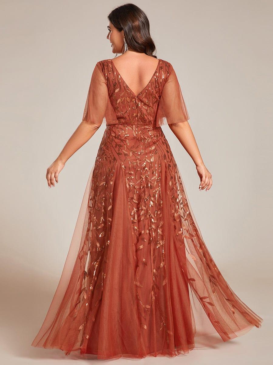 Elegant Ruffle Sleeves Maxi Sequin Mother of the Bride Dress #color_Burnt Orange