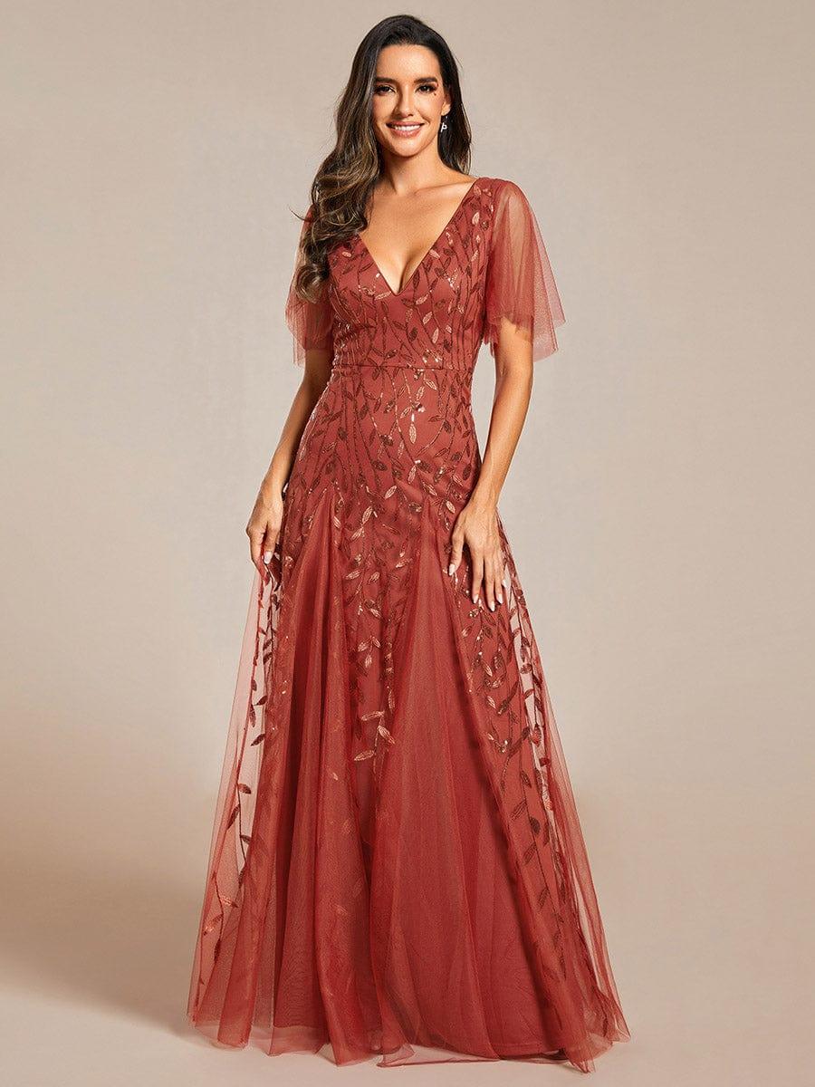 Custom Size V Neck Ruffle Sleeves Sequin Maxi Evening Dress #color_Burnt Orange