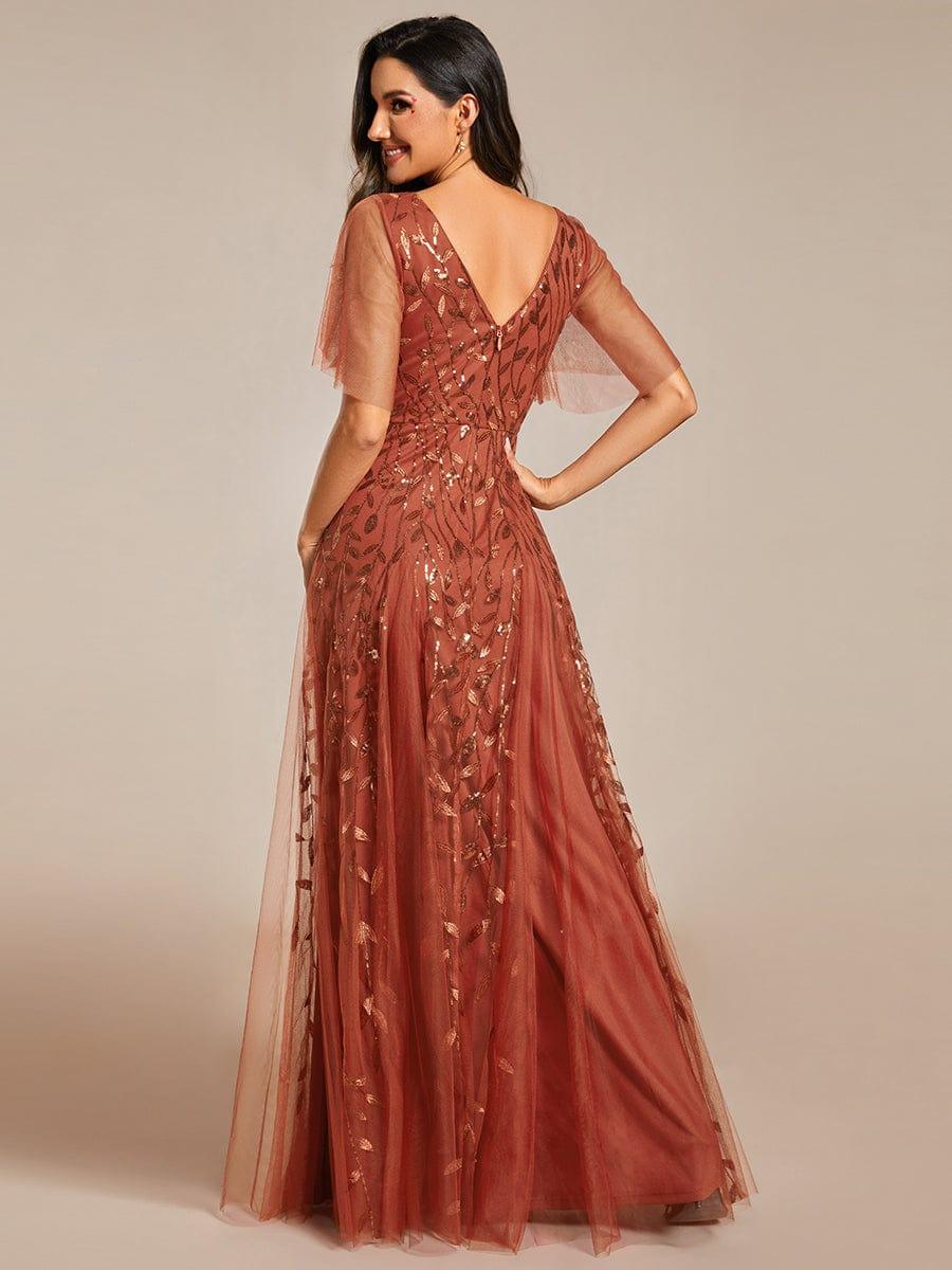 Elegant Ruffle Sleeves Maxi Sequin Mother of the Bride Dress #color_Burnt Orange