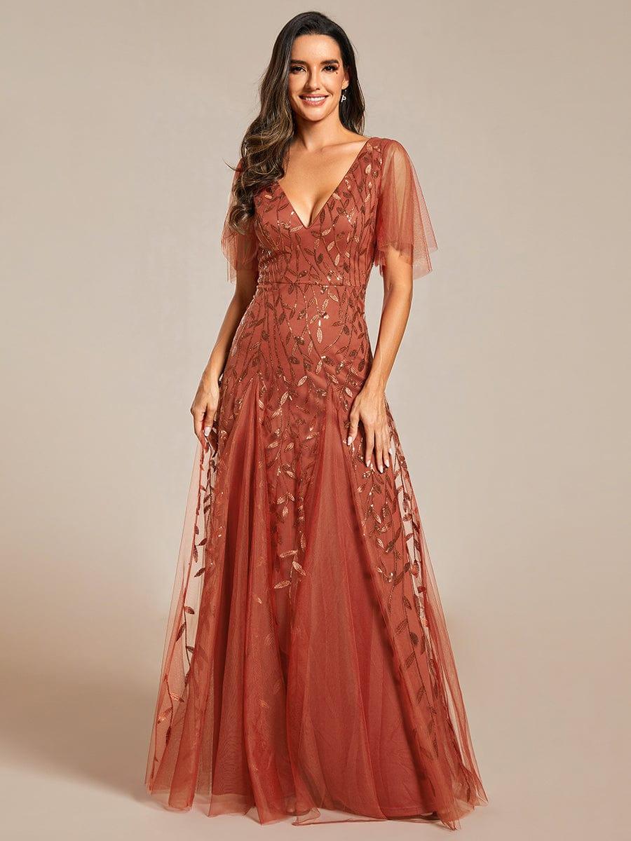 Elegant Ruffle Sleeves Maxi Sequin Mother of the Bride Dress #color_Burnt Orange