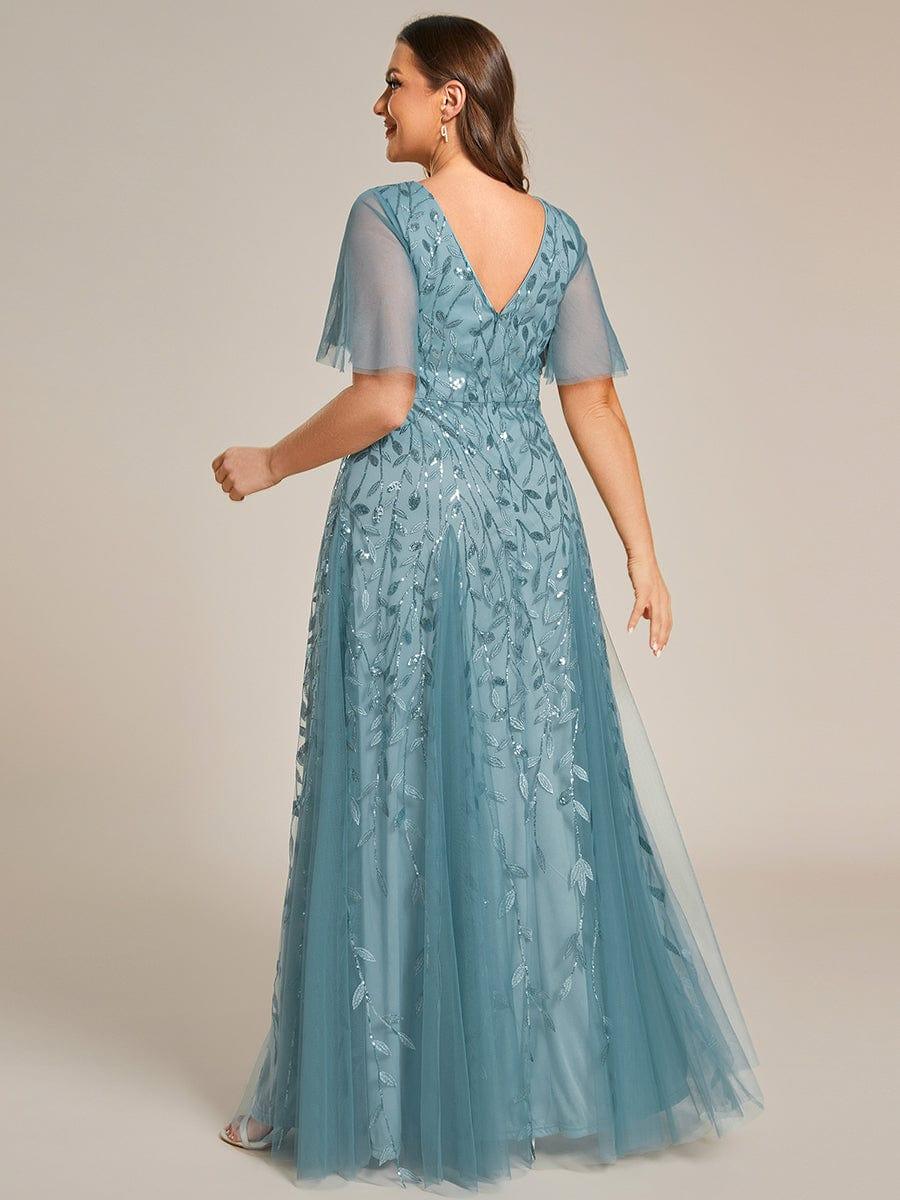 Shimmery V Neck Ruffle Sleeves Sequin Maxi Long Evening Dress #color_Light Teal
