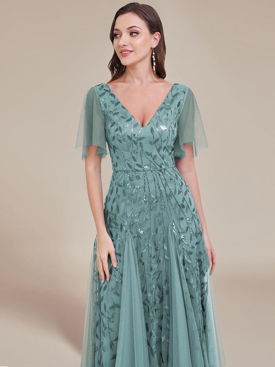 Elegant Ruffle Sleeves Maxi Sequin Mother of the Bride Dress #color_Light Teal