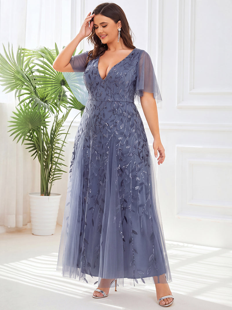 Plus Size Glamorous Sequin Ruffle Sleeve Maxi Formal Evening Dress