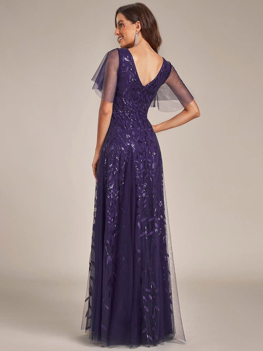 Elegant Ruffle Sleeves Maxi Sequin Mother of the Bride Dress #color_Dark Purple