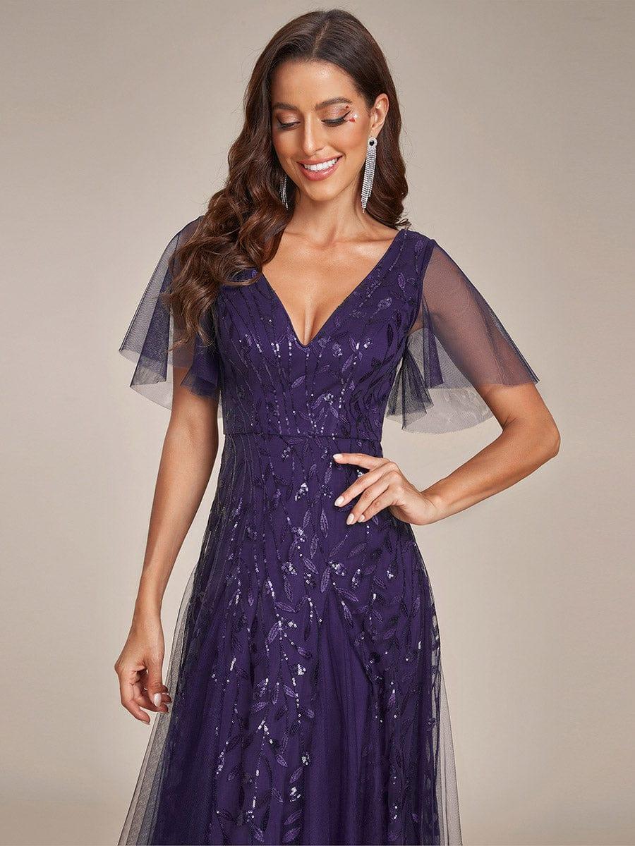 Elegant Ruffle Sleeves Maxi Sequin Mother of the Bride Dress #color_Dark Purple