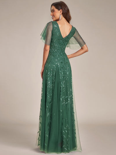Shimmery V Neck Ruffle Sleeves Sequin Maxi Long Evening Dress #color_Eucalyptus