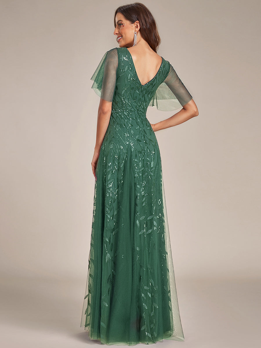 Shimmery V Neck Ruffle Sleeves Sequin Maxi Long Evening Dress #color_Eucalyptus
